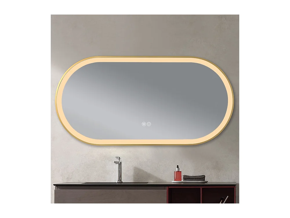 Miroir salle de bain LED ovale 110x60cm anti buée avec cadre en aluminium doré- LuxuryBain