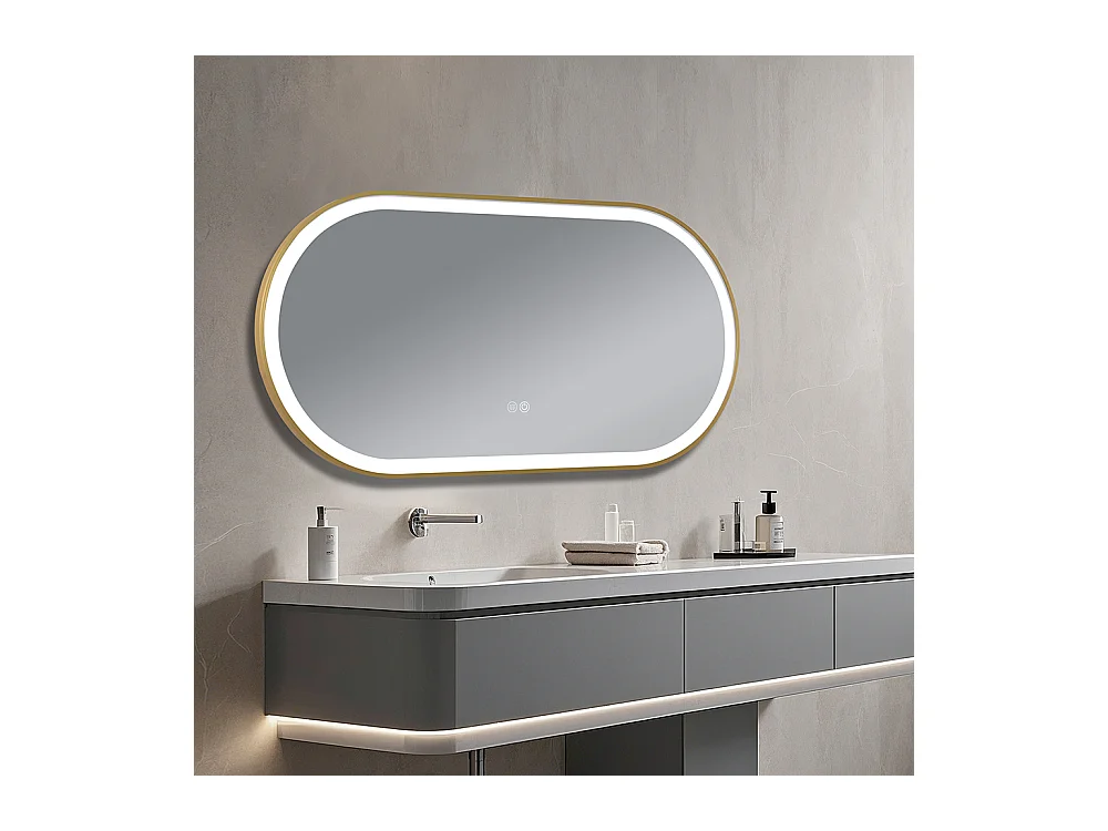 Miroir salle de bain LED ovale 110x60cm anti buée avec cadre en aluminium doré- LuxuryBain
