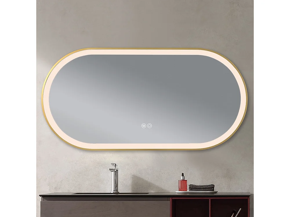 Miroir salle de bain LED ovale 110x60cm anti buée avec cadre en aluminium doré- LuxuryBain