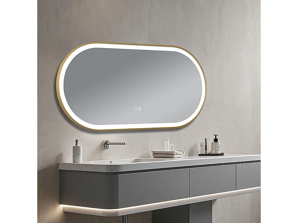 Miroir salle de bain LED ovale 110x60cm anti buée avec cadre en aluminium doré- LuxuryBain