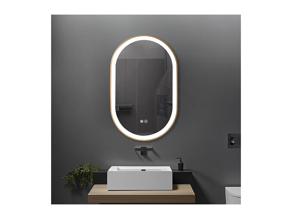 Miroir salle de bain LED ovale 60x90cm anti buée avec cadre en aluminium doré- LuxuryBain