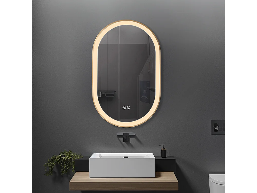 Miroir salle de bain LED ovale 60x90cm anti buée avec cadre en aluminium doré- LuxuryBain