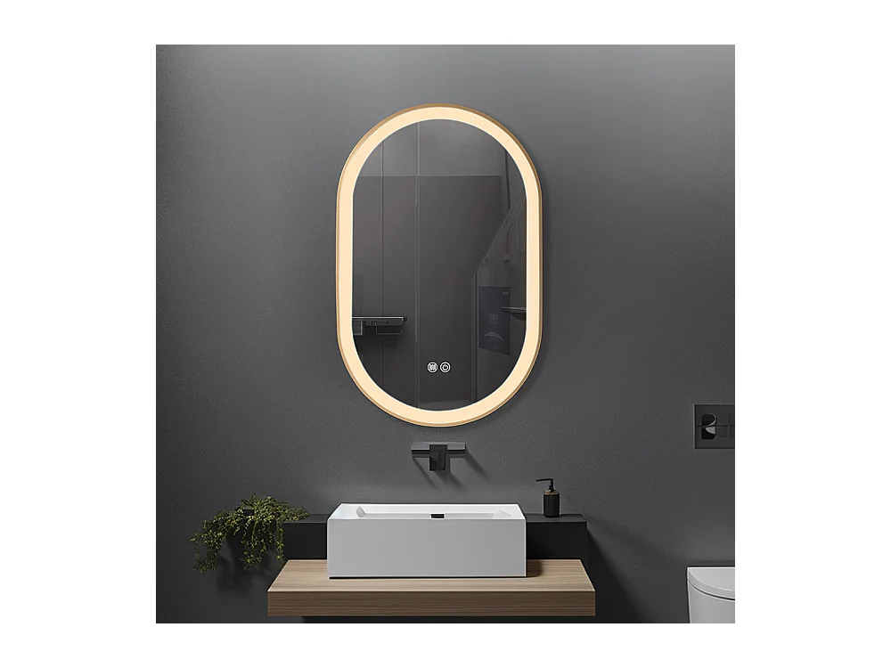 Miroir salle de bain LED ovale 50x80cm anti buée avec cadre en aluminium doré- LuxuryBain