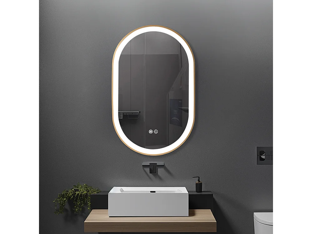 Miroir salle de bain LED ovale 50x80cm anti buée avec cadre en aluminium doré- LuxuryBain
