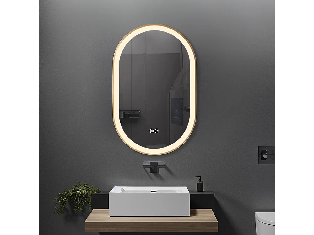 Miroir salle de bain LED ovale 50x80cm anti buée avec cadre en aluminium doré- LuxuryBain