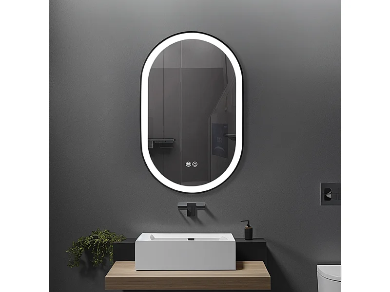 Miroir salle de bain LED ovale 50x80cm anti buée avec cadre en aluminium noir- LuxuryBain