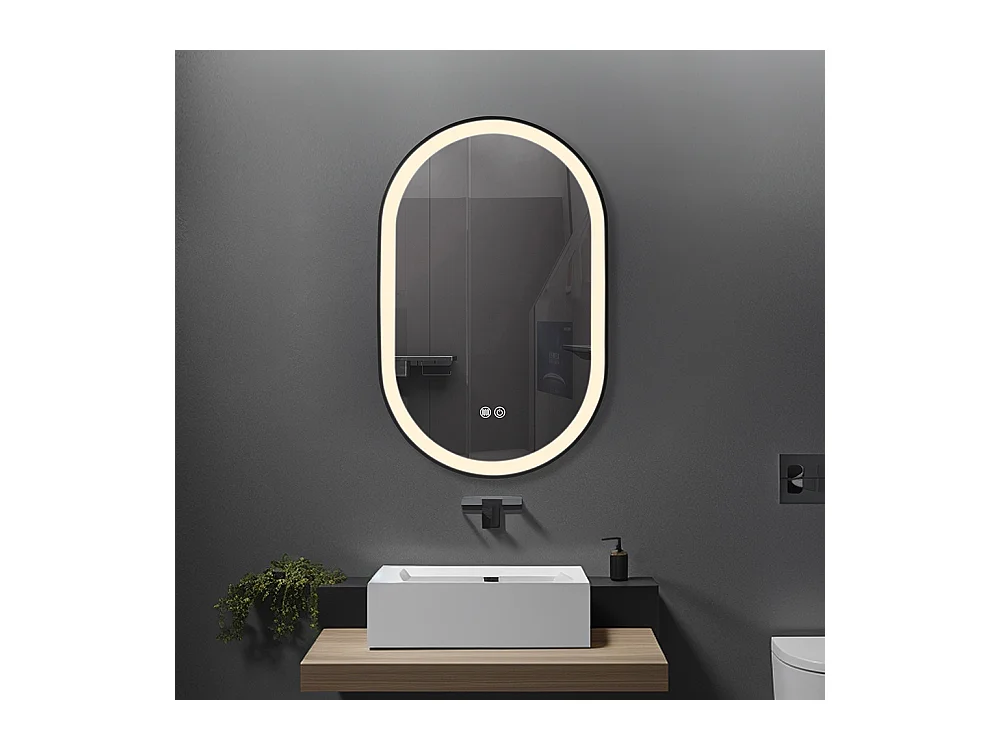 Miroir salle de bain LED ovale 50x80cm anti buée avec cadre en aluminium noir- LuxuryBain