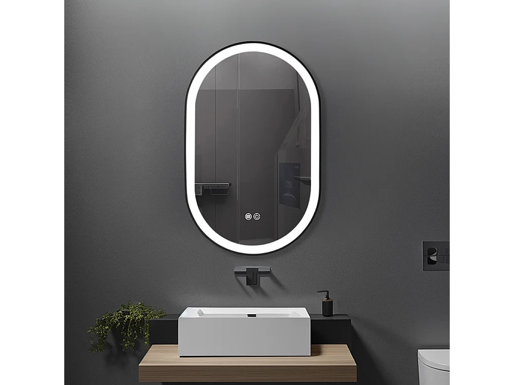 Miroir salle de bain LED ovale 50x80cm anti buée avec cadre en aluminium noir- LuxuryBain