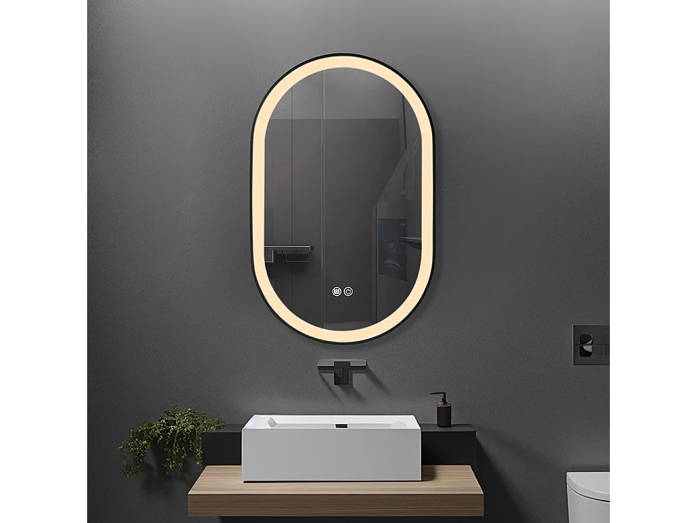 Miroir salle de bain LED ovale 50x80cm anti buée avec cadre en aluminium noir- LuxuryBain