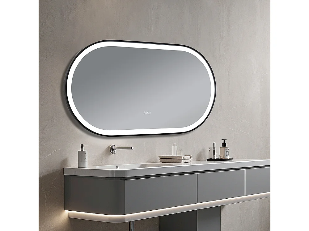 Miroir salle de bain LED ovale 110x60cm anti buée avec cadre en aluminium noir- LuxuryBain