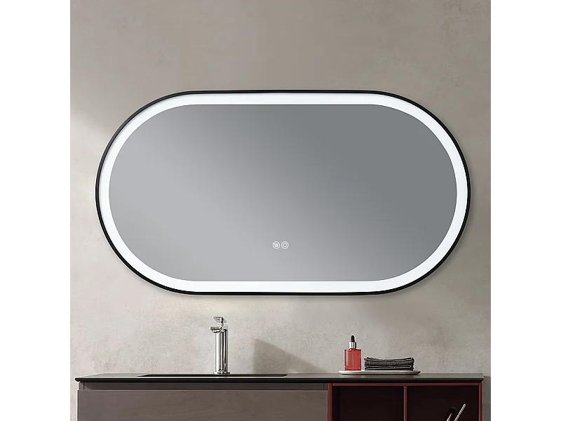 Miroir salle de bain LED ovale 110x60cm anti buée avec cadre en aluminium noir- LuxuryBain