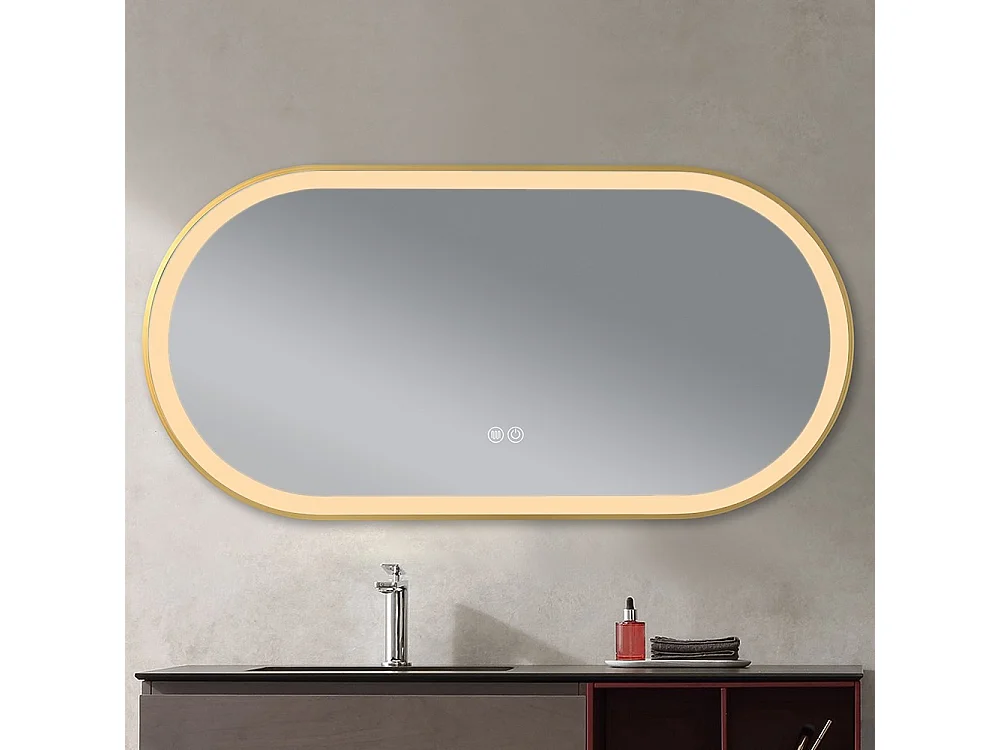 Miroir salle de bain LED ovale 120x60cm anti buée avec cadre en aluminium doré- LuxuryBain