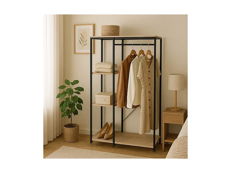 Armario Abierto Estilo Industrial con Barra y Baldas - 167x90x41cm - Buyqualia