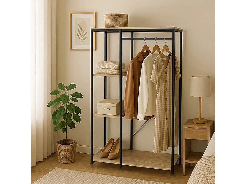 Armario Abierto Estilo Industrial con Barra y Baldas - 167x90x41cm - Buyqualia