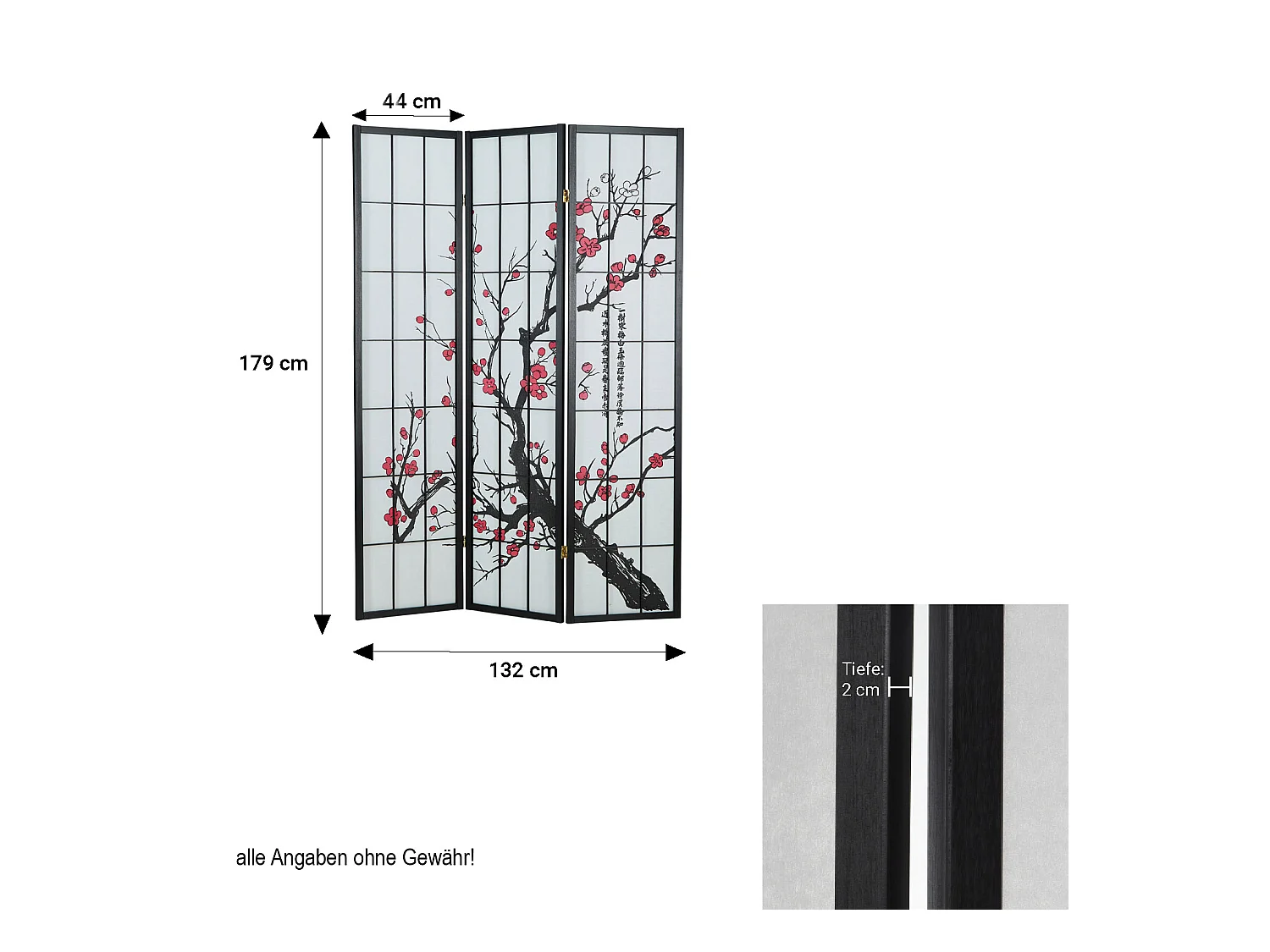 Paravent 179x132x2 cm noir Shoji