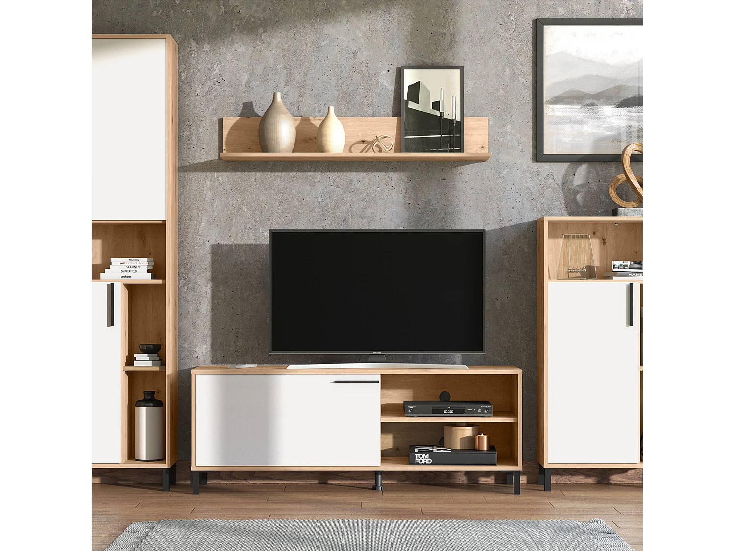 Meuble de séjour 61x192,5x28 cm naturel blanc Meuble de séjour moderne 4 parties armoire murale bois chêne blanc meuble TV avec rangement centre de divertissement