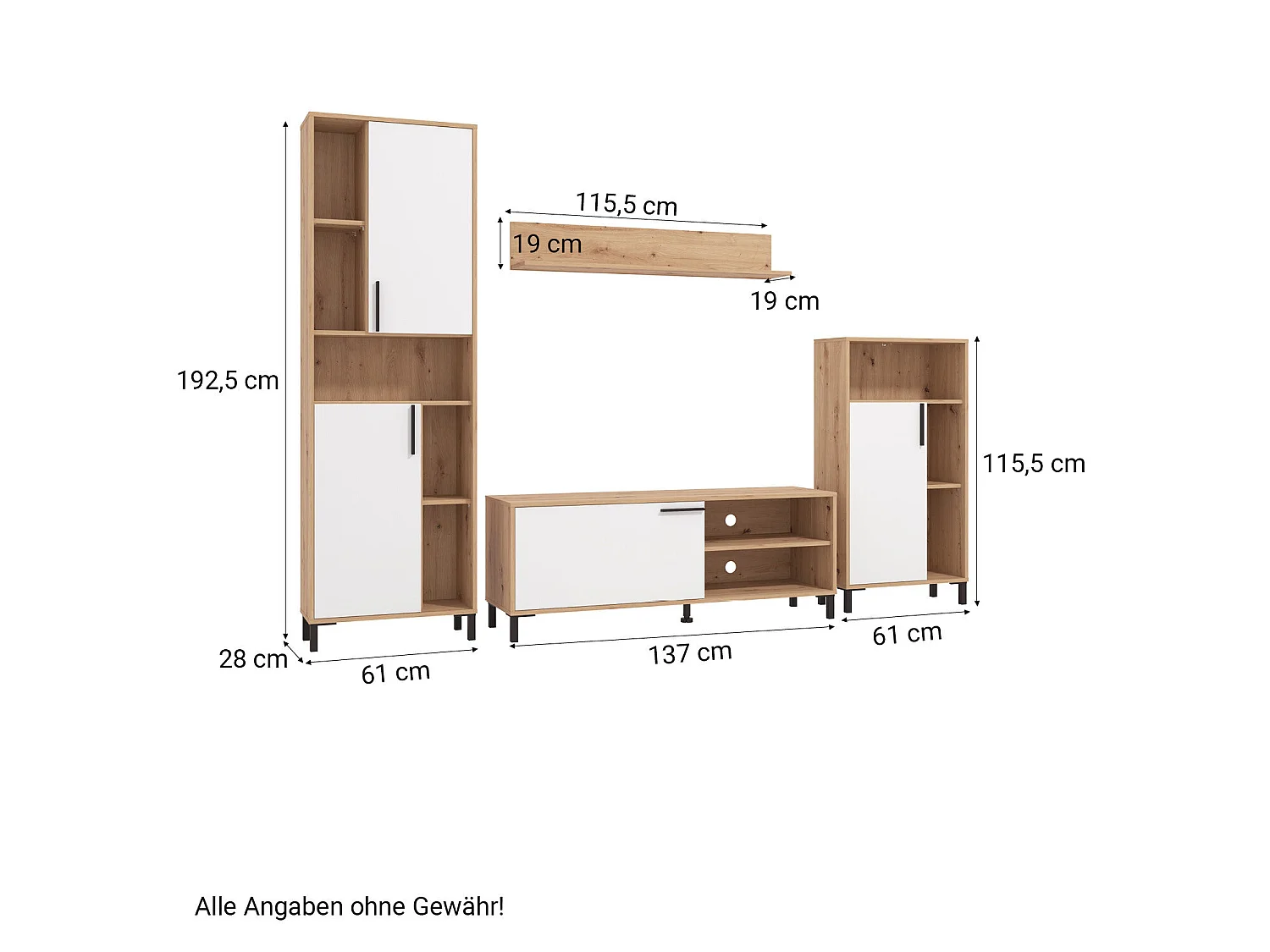 Meblościanka 61x192,5x28 cm naturalna biel, 4-częściowa, szafki dąb biały, zestaw RTV z przechowywaniem