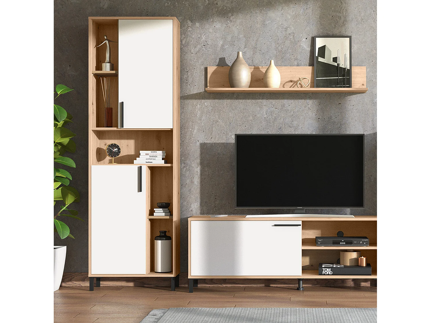 Meblościanka 61x192,5x28 cm naturalna biel, 4-częściowa, szafki dąb biały, zestaw RTV z przechowywaniem