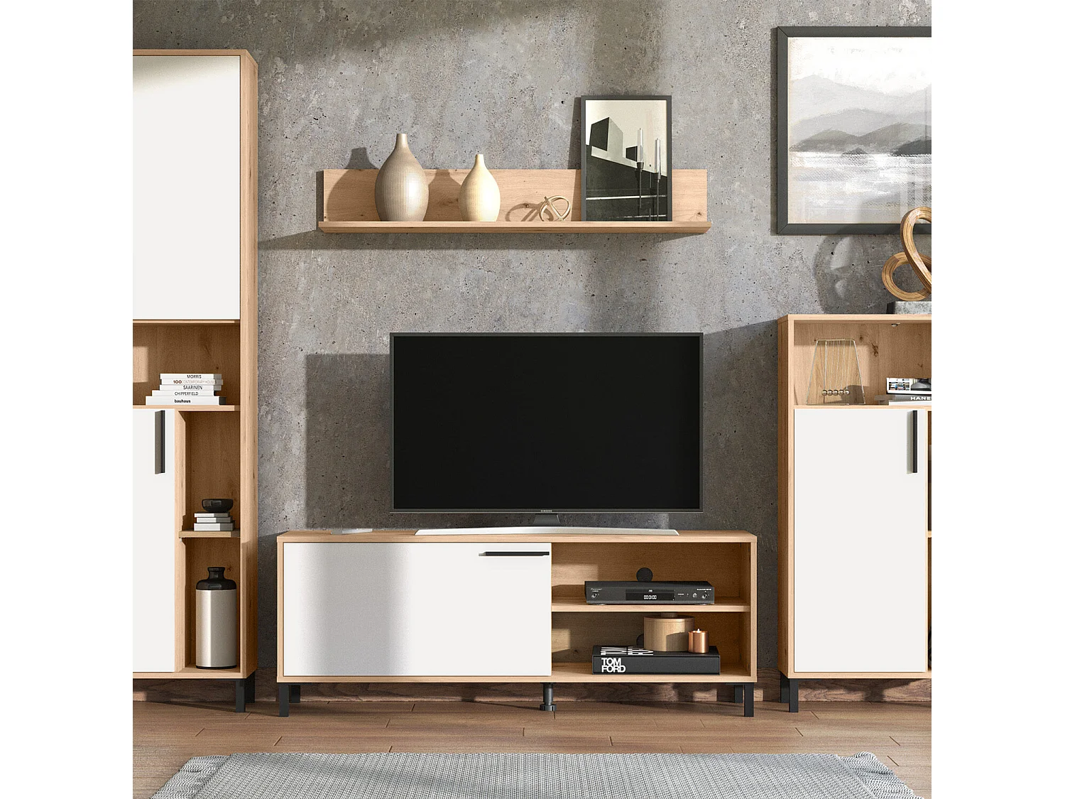 Meblościanka 61x192,5x28 cm naturalna biel, 4-częściowa, szafki dąb biały, zestaw RTV z przechowywaniem