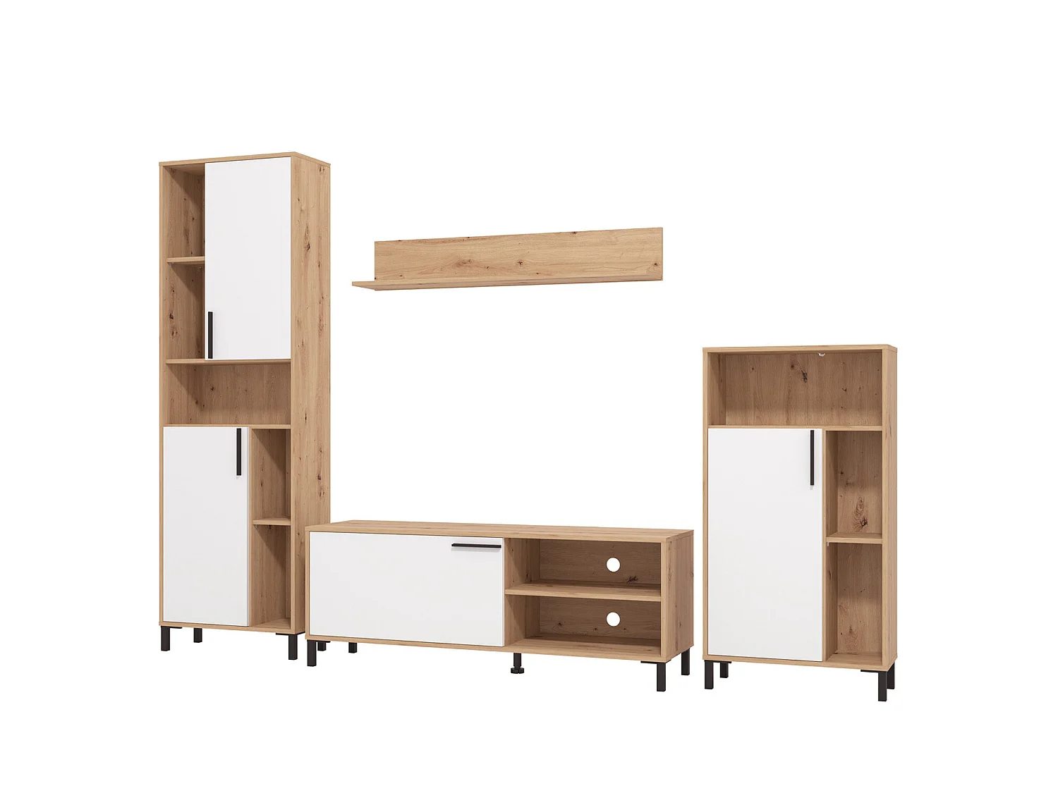 Meblościanka 61x192,5x28 cm naturalna biel, 4-częściowa, szafki dąb biały, zestaw RTV z przechowywaniem