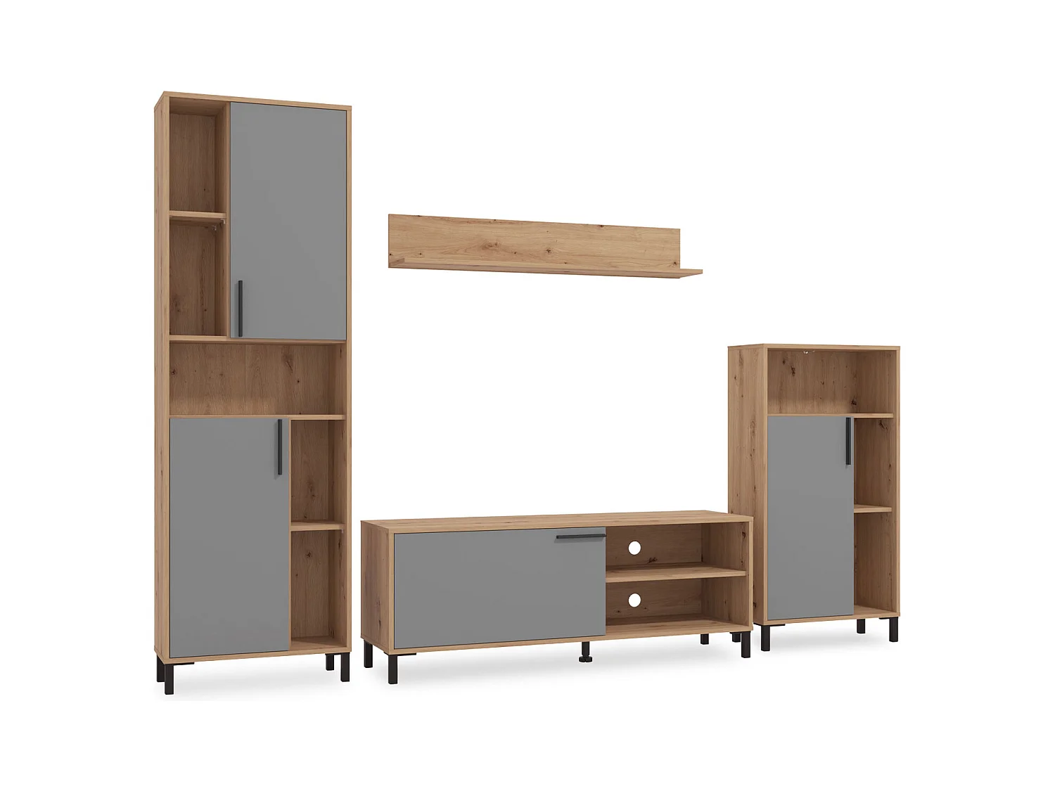 Ensemble salon 61x192,5x28 cm naturel gris moderne unité salon 4 parties armoire murale bois chêne gris meuble TV avec rangement centre de divertissement