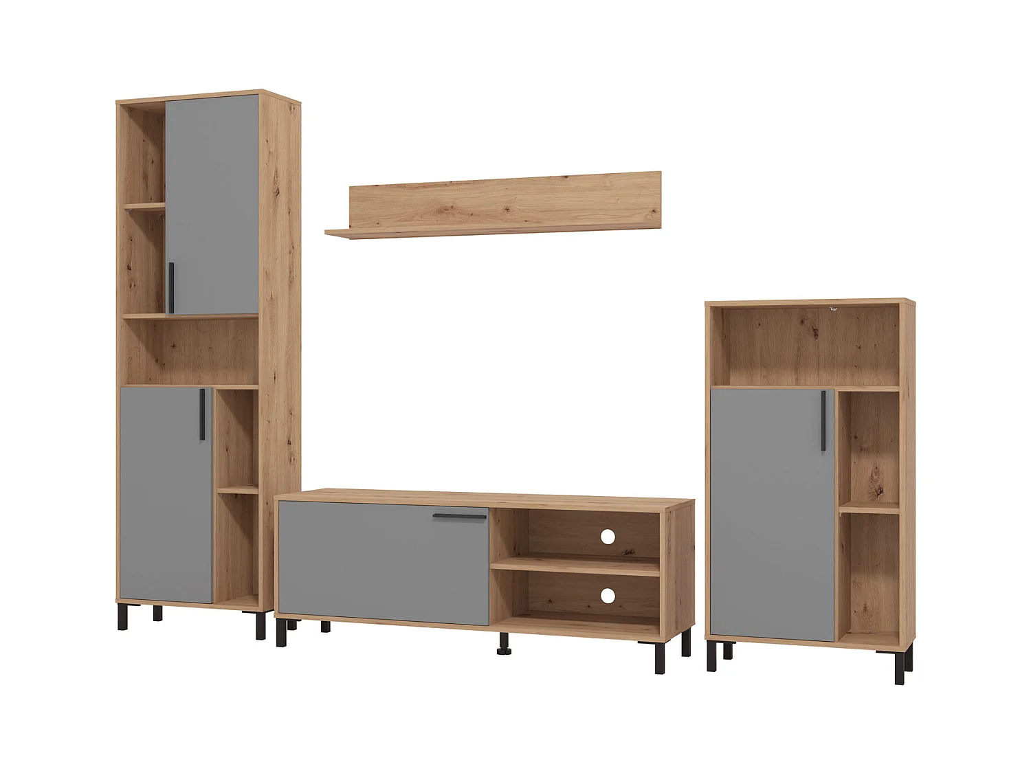 Ensemble salon 61x192,5x28 cm naturel gris moderne unité salon 4 parties armoire murale bois chêne gris meuble TV avec rangement centre de divertissement