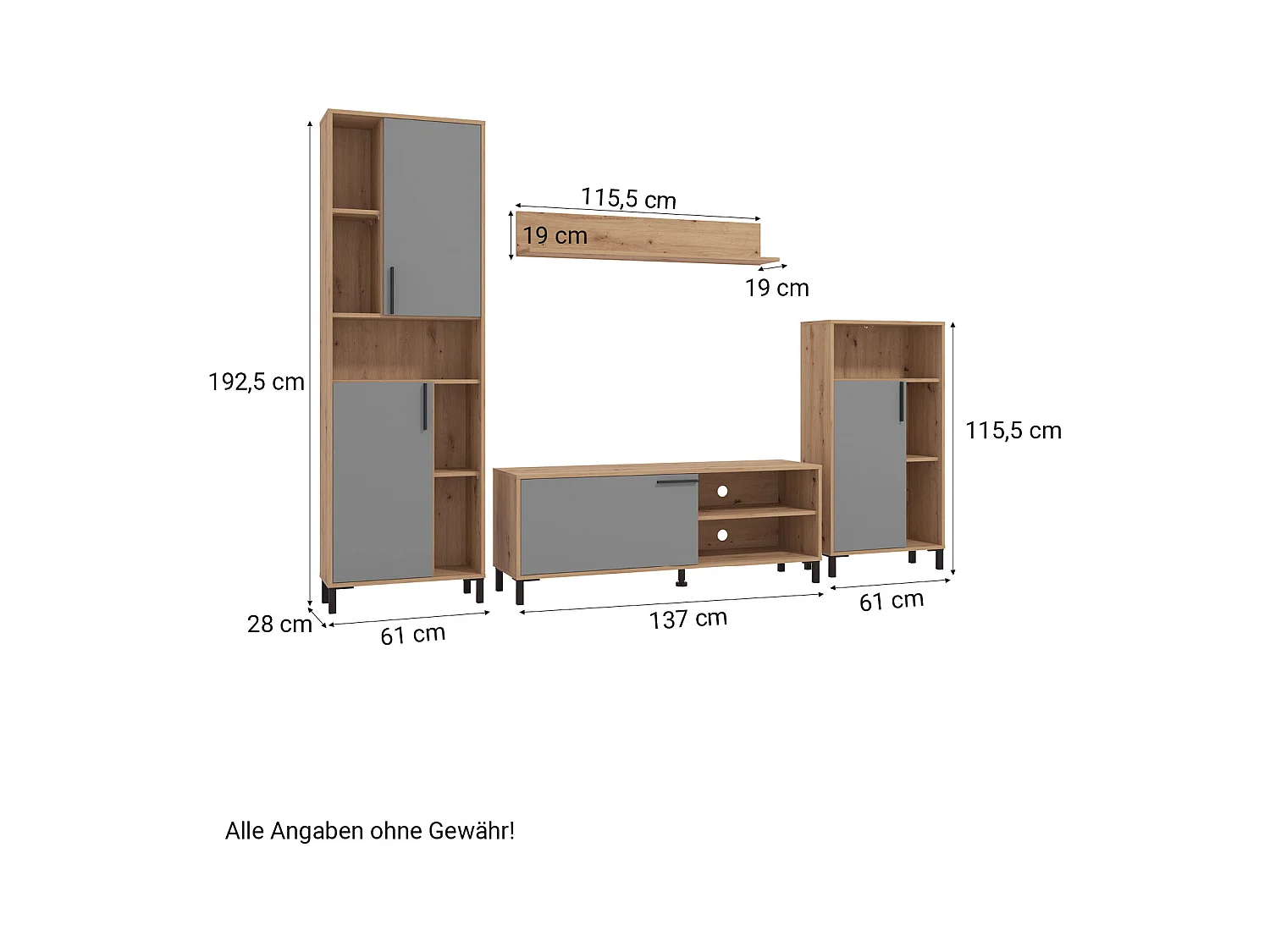 Ensemble salon 61x192,5x28 cm naturel gris moderne unité salon 4 parties armoire murale bois chêne gris meuble TV avec rangement centre de divertissement