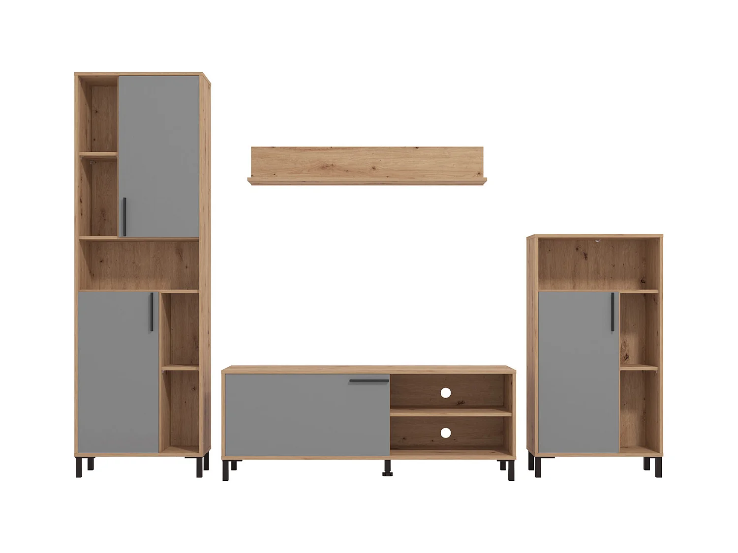 Ensemble salon 61x192,5x28 cm naturel gris moderne unité salon 4 parties armoire murale bois chêne gris meuble TV avec rangement centre de divertissement