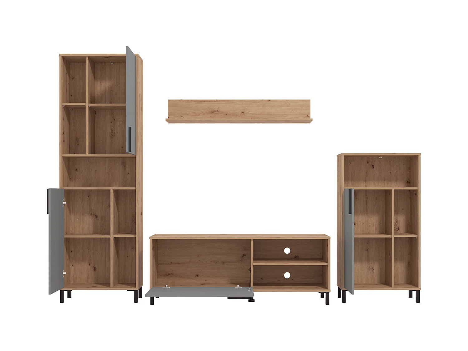 Ensemble salon 61x192,5x28 cm naturel gris moderne unité salon 4 parties armoire murale bois chêne gris meuble TV avec rangement centre de divertissement