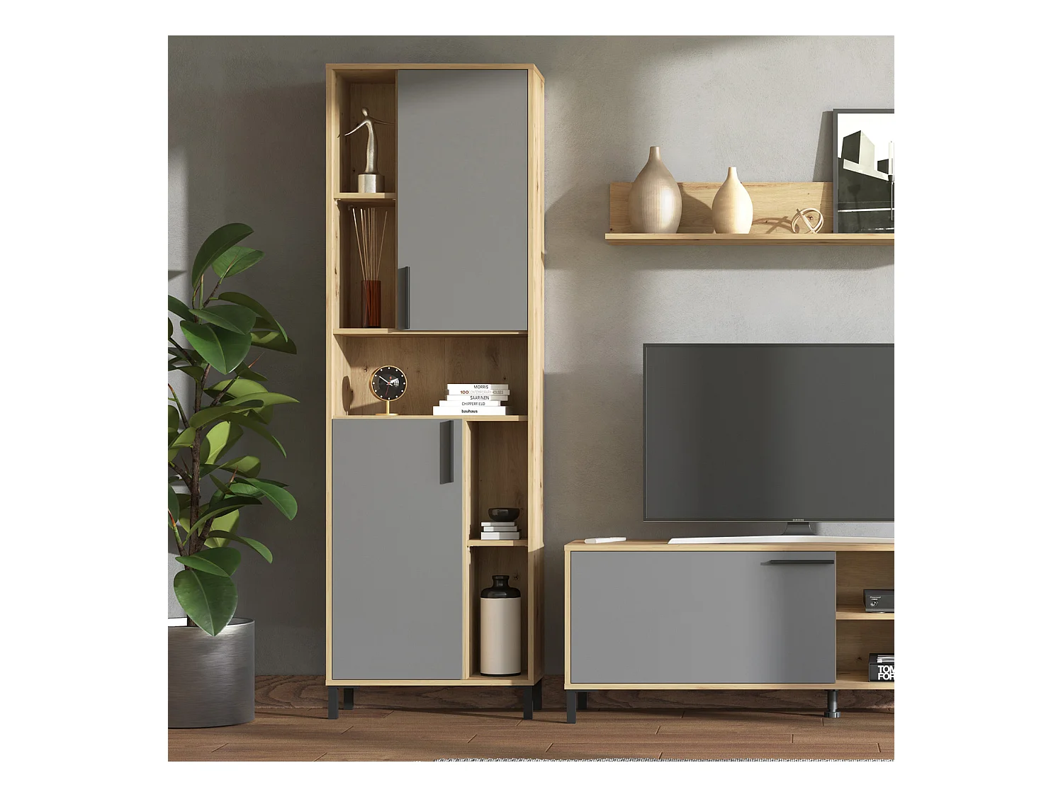 Ensemble salon 61x192,5x28 cm naturel gris moderne unité salon 4 parties armoire murale bois chêne gris meuble TV avec rangement centre de divertissement