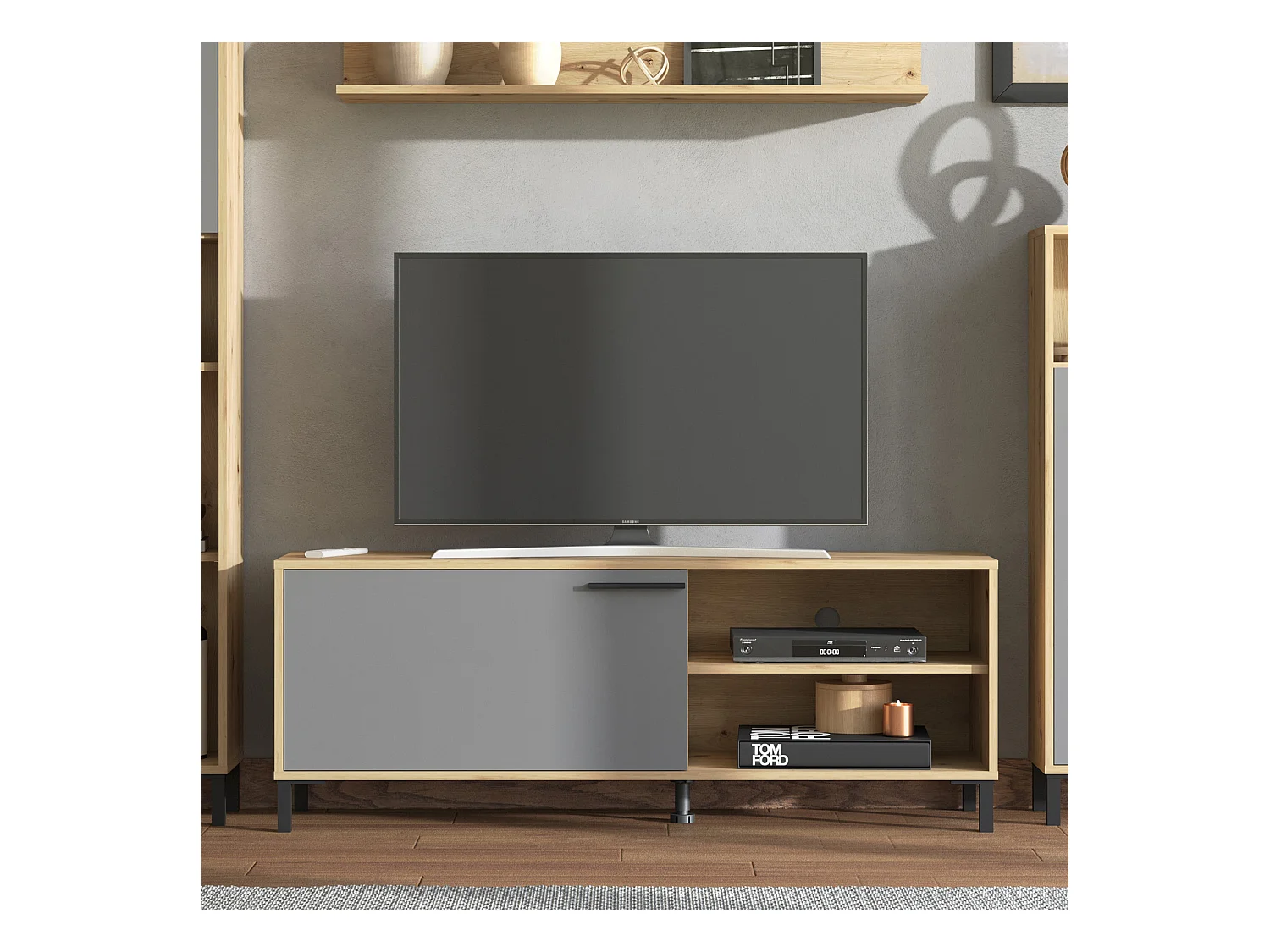 Ensemble salon 61x192,5x28 cm naturel gris moderne unité salon 4 parties armoire murale bois chêne gris meuble TV avec rangement centre de divertissement