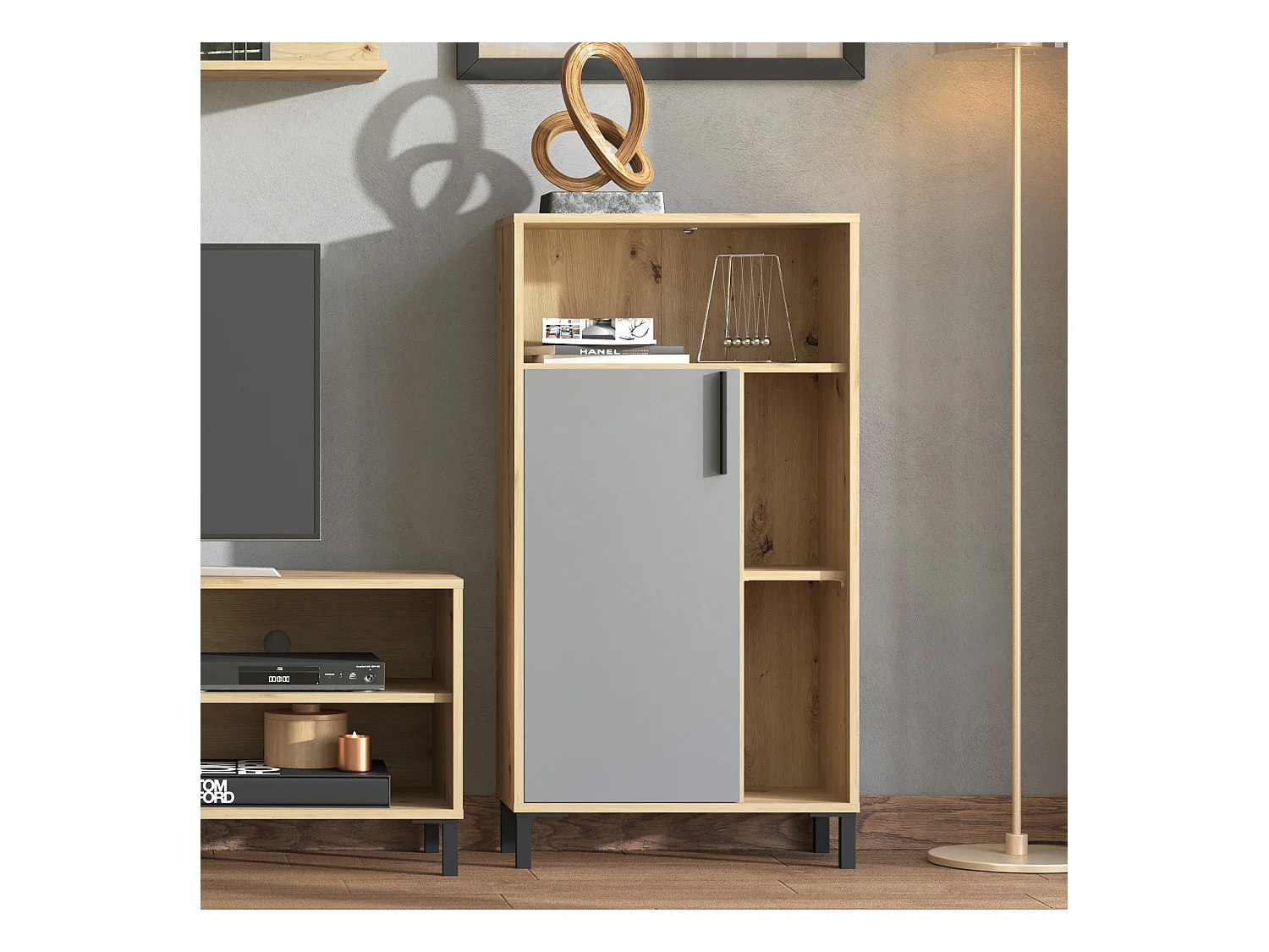 Ensemble salon 61x192,5x28 cm naturel gris moderne unité salon 4 parties armoire murale bois chêne gris meuble TV avec rangement centre de divertissement