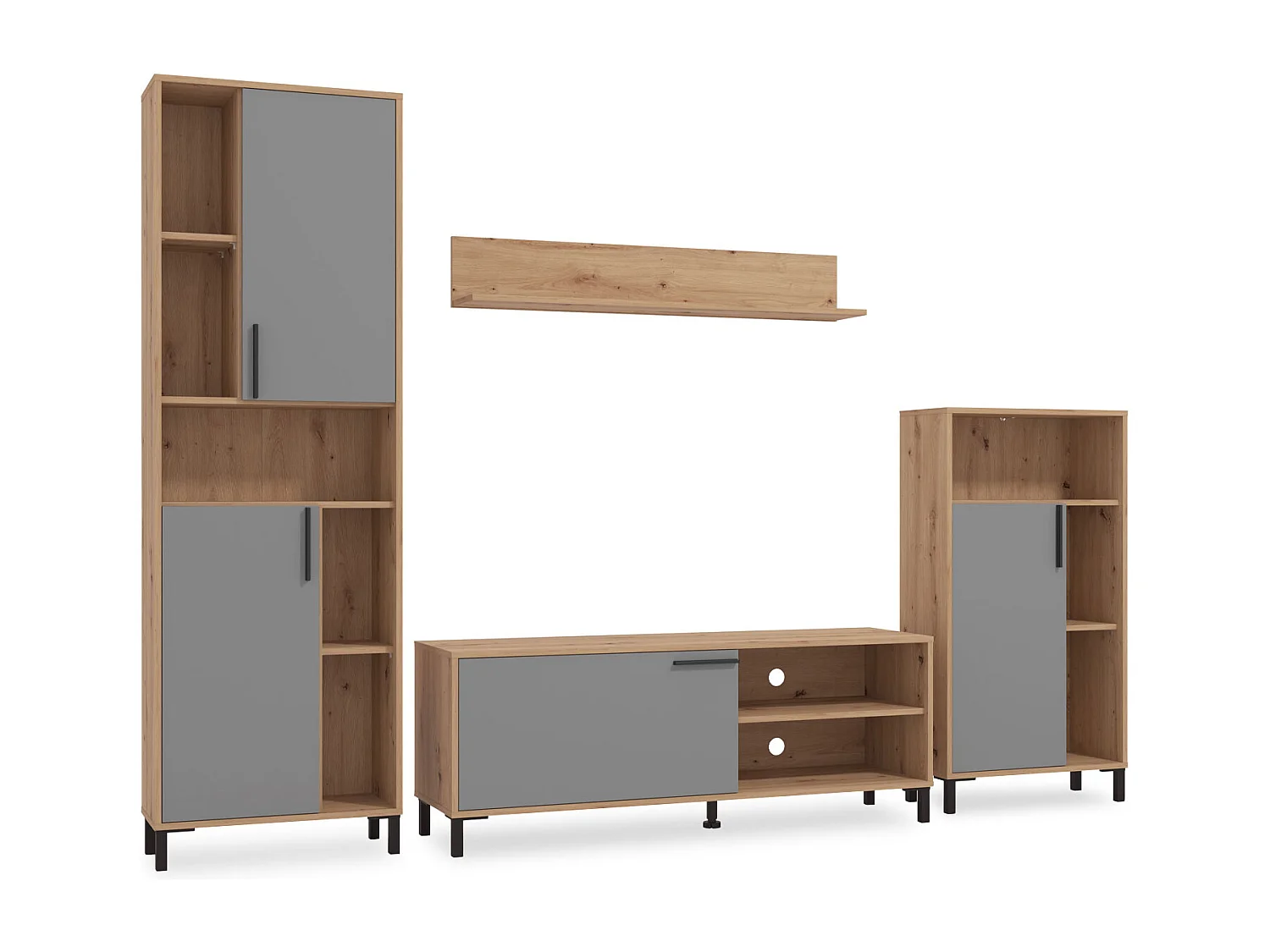 Wohnzimmer-Set 61x192,5x28 cm naturgrau modern Wohnzimmermöbel 4-teilig Schrankset Wandregal Holz Eiche grau TV-Set mit Stauraum Entertainment-Center