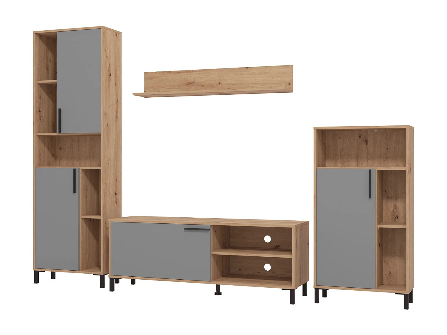 Wohnzimmer-Set 61x192,5x28 cm naturgrau modern Wohnzimmermöbel 4-teilig Schrankset Wandregal Holz Eiche grau TV-Set mit Stauraum Entertainment-Center