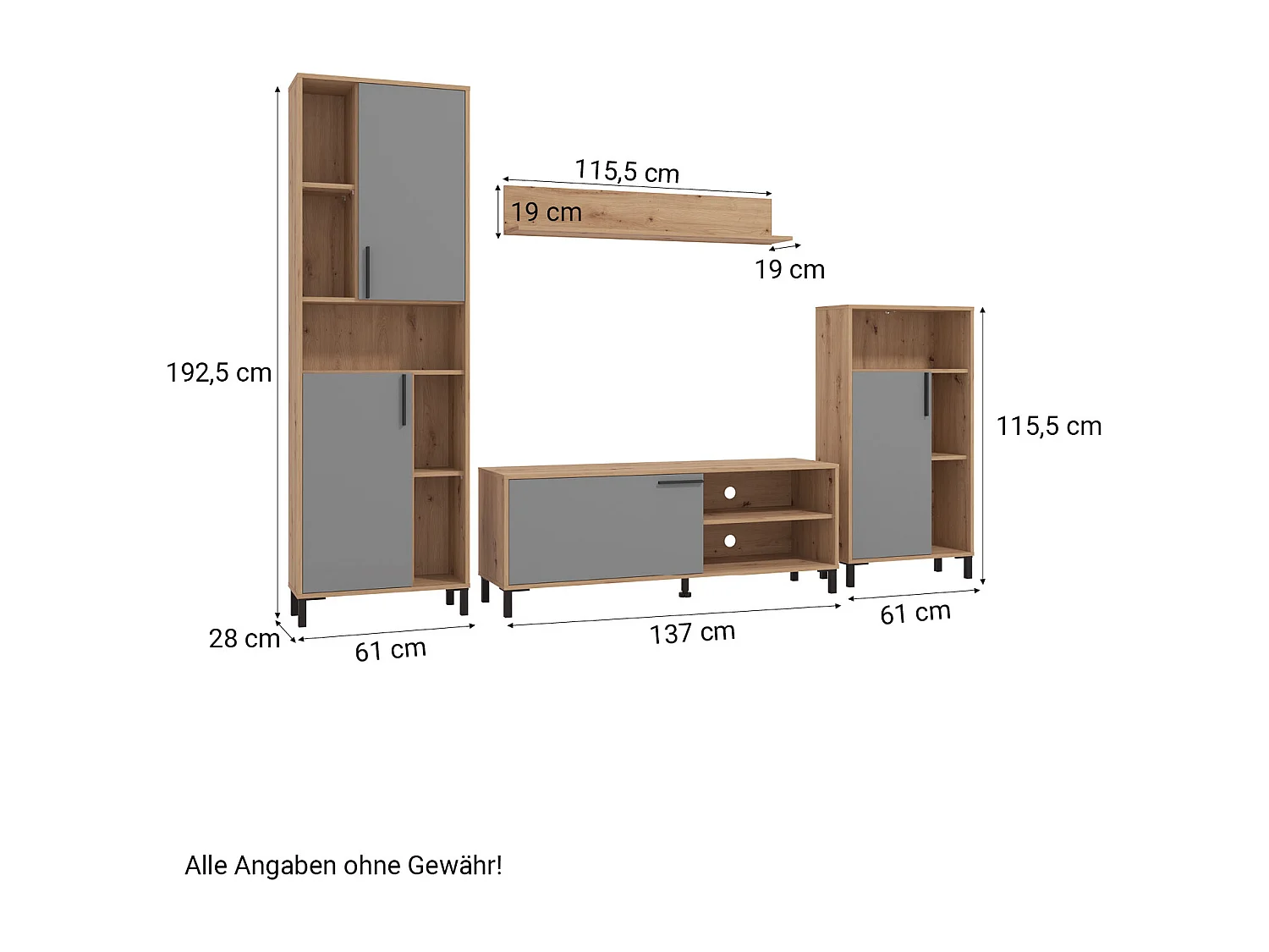 Wohnzimmer-Set 61x192,5x28 cm naturgrau modern Wohnzimmermöbel 4-teilig Schrankset Wandregal Holz Eiche grau TV-Set mit Stauraum Entertainment-Center