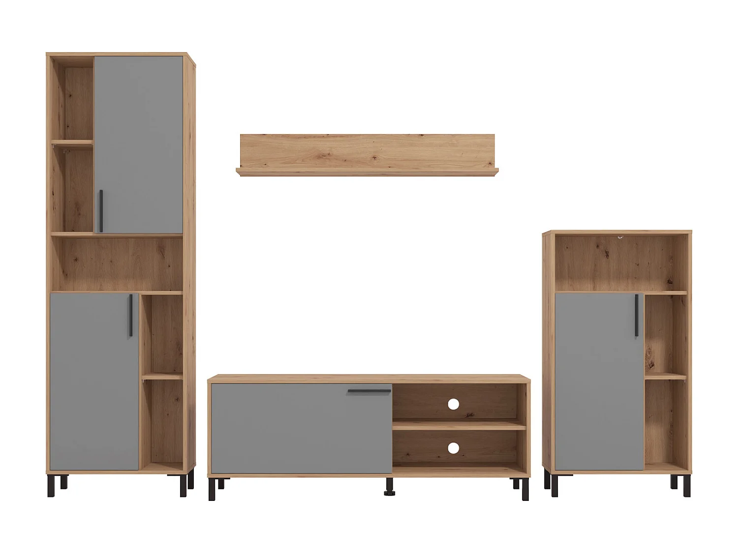 Wohnzimmer-Set 61x192,5x28 cm naturgrau modern Wohnzimmermöbel 4-teilig Schrankset Wandregal Holz Eiche grau TV-Set mit Stauraum Entertainment-Center