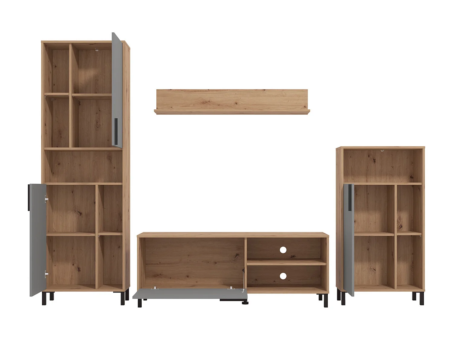 Wohnzimmer-Set 61x192,5x28 cm naturgrau modern Wohnzimmermöbel 4-teilig Schrankset Wandregal Holz Eiche grau TV-Set mit Stauraum Entertainment-Center