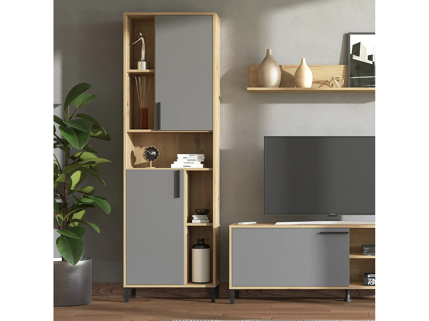 Wohnzimmer-Set 61x192,5x28 cm naturgrau modern Wohnzimmermöbel 4-teilig Schrankset Wandregal Holz Eiche grau TV-Set mit Stauraum Entertainment-Center