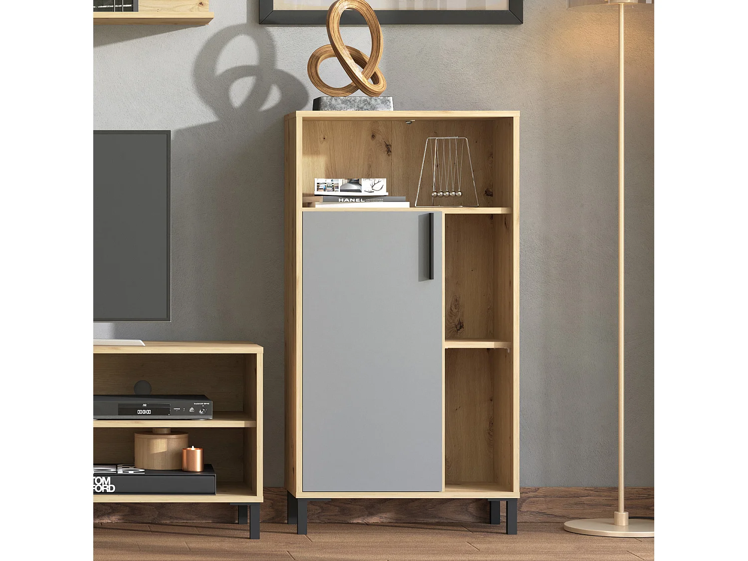 Wohnzimmer-Set 61x192,5x28 cm naturgrau modern Wohnzimmermöbel 4-teilig Schrankset Wandregal Holz Eiche grau TV-Set mit Stauraum Entertainment-Center