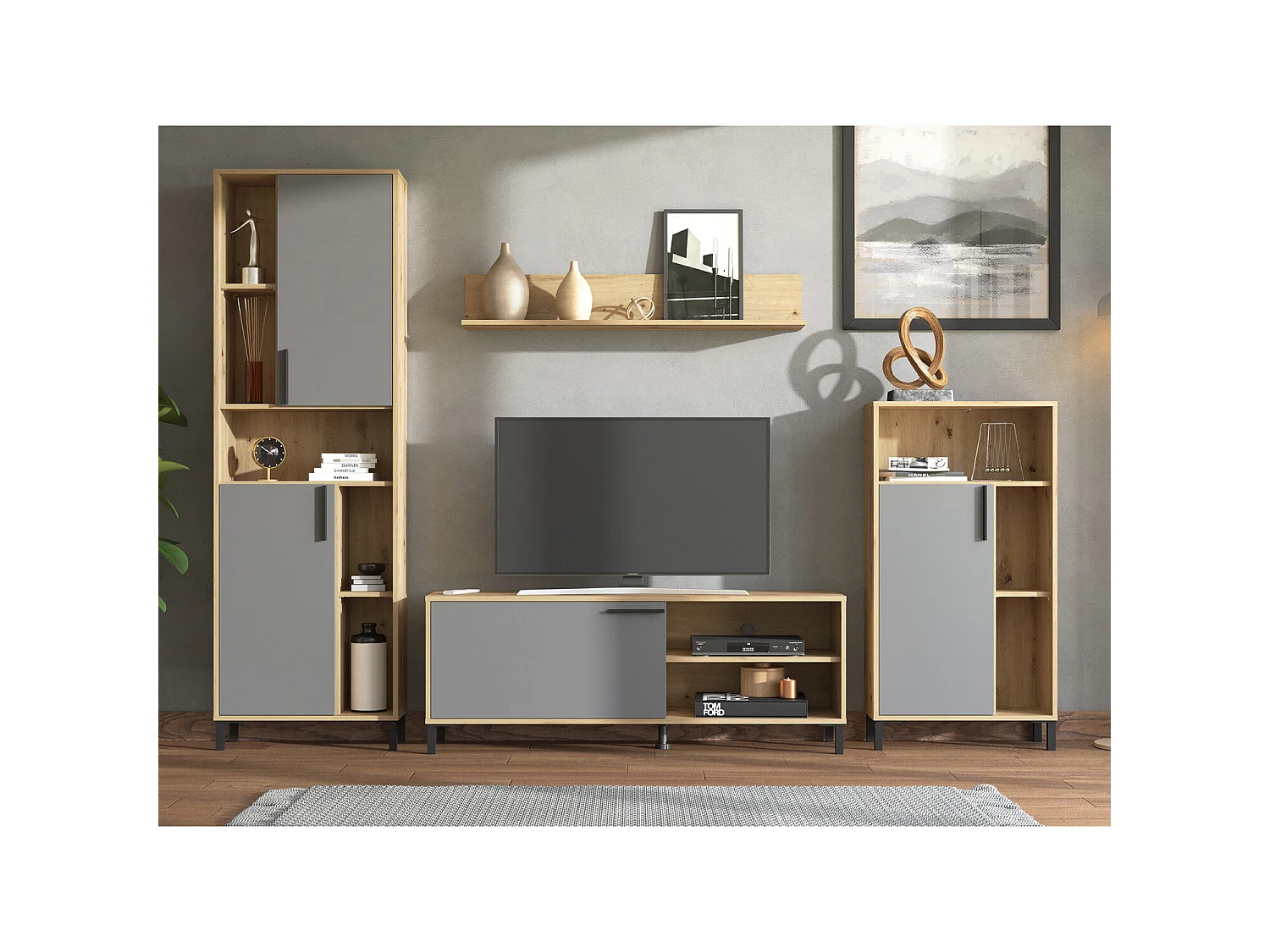 Zestaw meblościanki 61x192,5x28 cm naturalny szary, 4-częściowy, szafki dąb szary, zestaw TV z miejscem do przechowywania