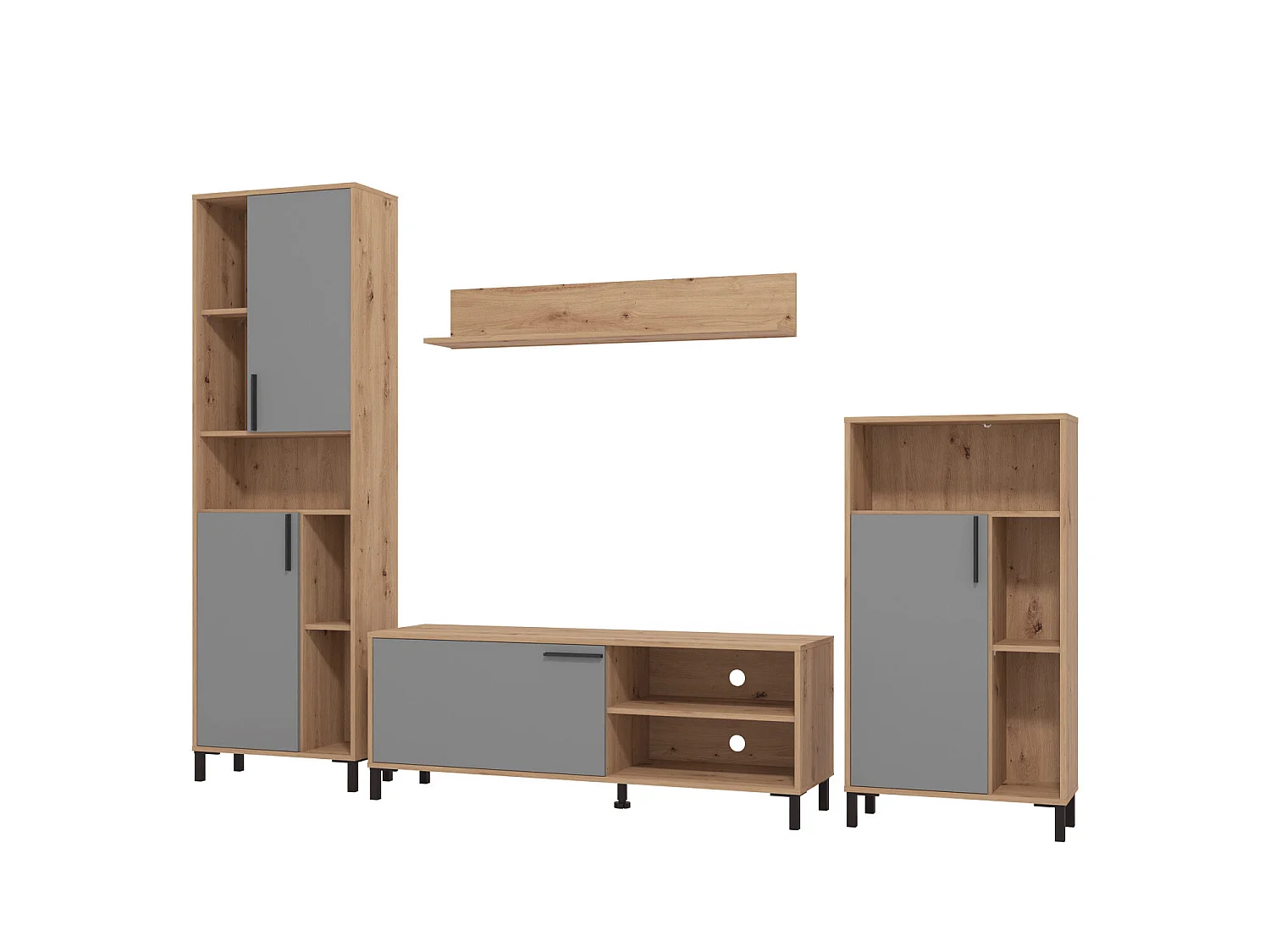 Zestaw meblościanki 61x192,5x28 cm naturalny szary, 4-częściowy, szafki dąb szary, zestaw TV z miejscem do przechowywania