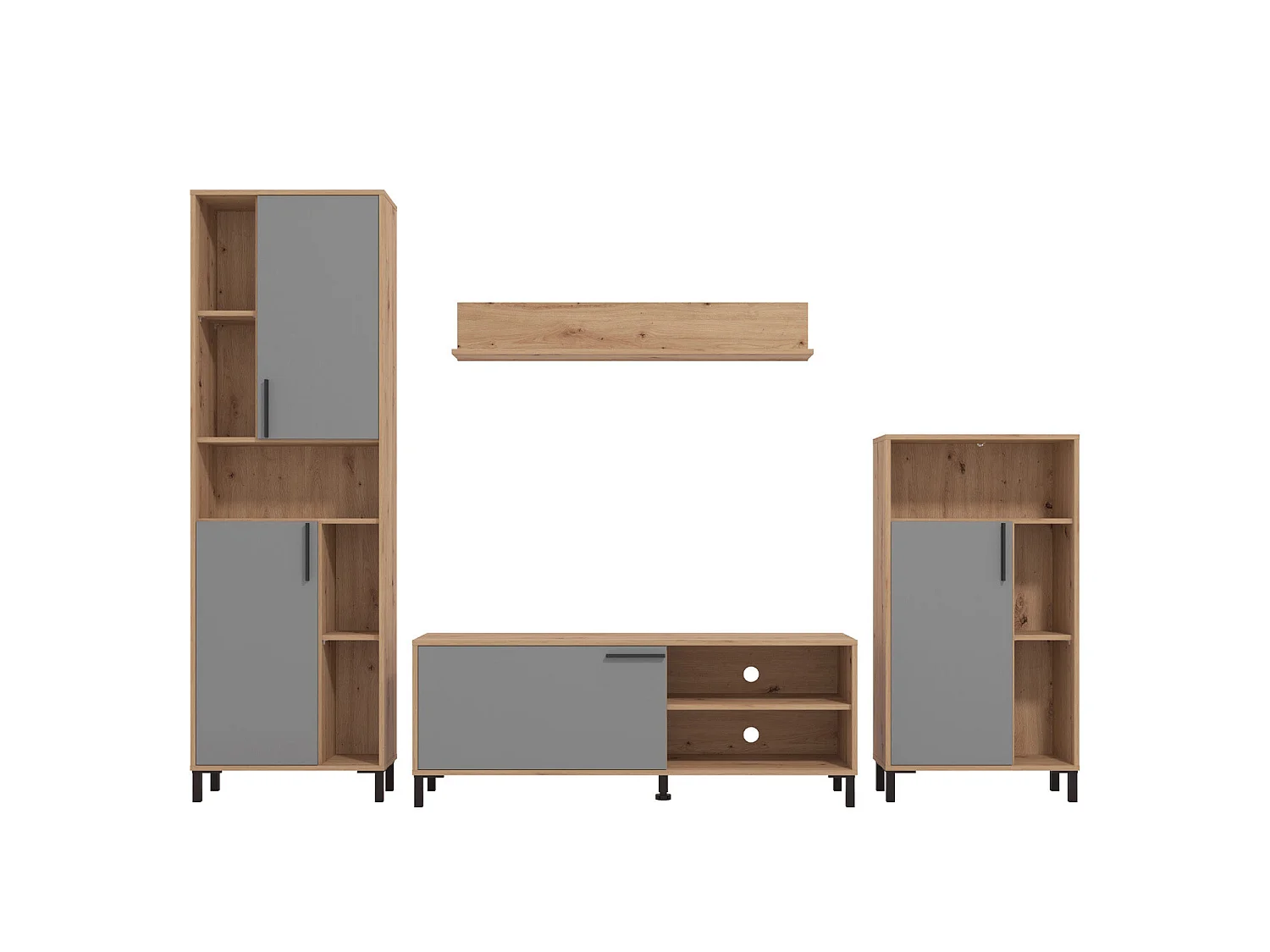 Zestaw meblościanki 61x192,5x28 cm naturalny szary, 4-częściowy, szafki dąb szary, zestaw TV z miejscem do przechowywania