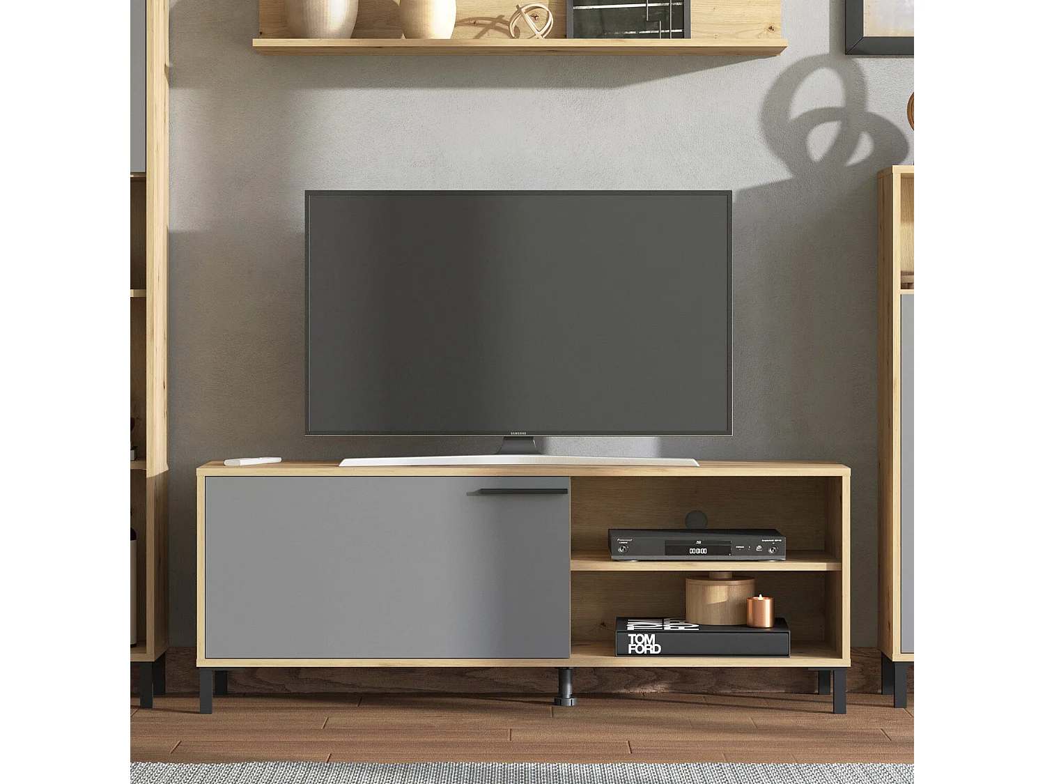 Zestaw meblościanki 61x192,5x28 cm naturalny szary, 4-częściowy, szafki dąb szary, zestaw TV z miejscem do przechowywania