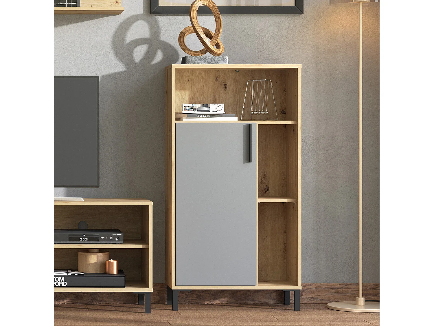 Zestaw meblościanki 61x192,5x28 cm naturalny szary, 4-częściowy, szafki dąb szary, zestaw TV z miejscem do przechowywania