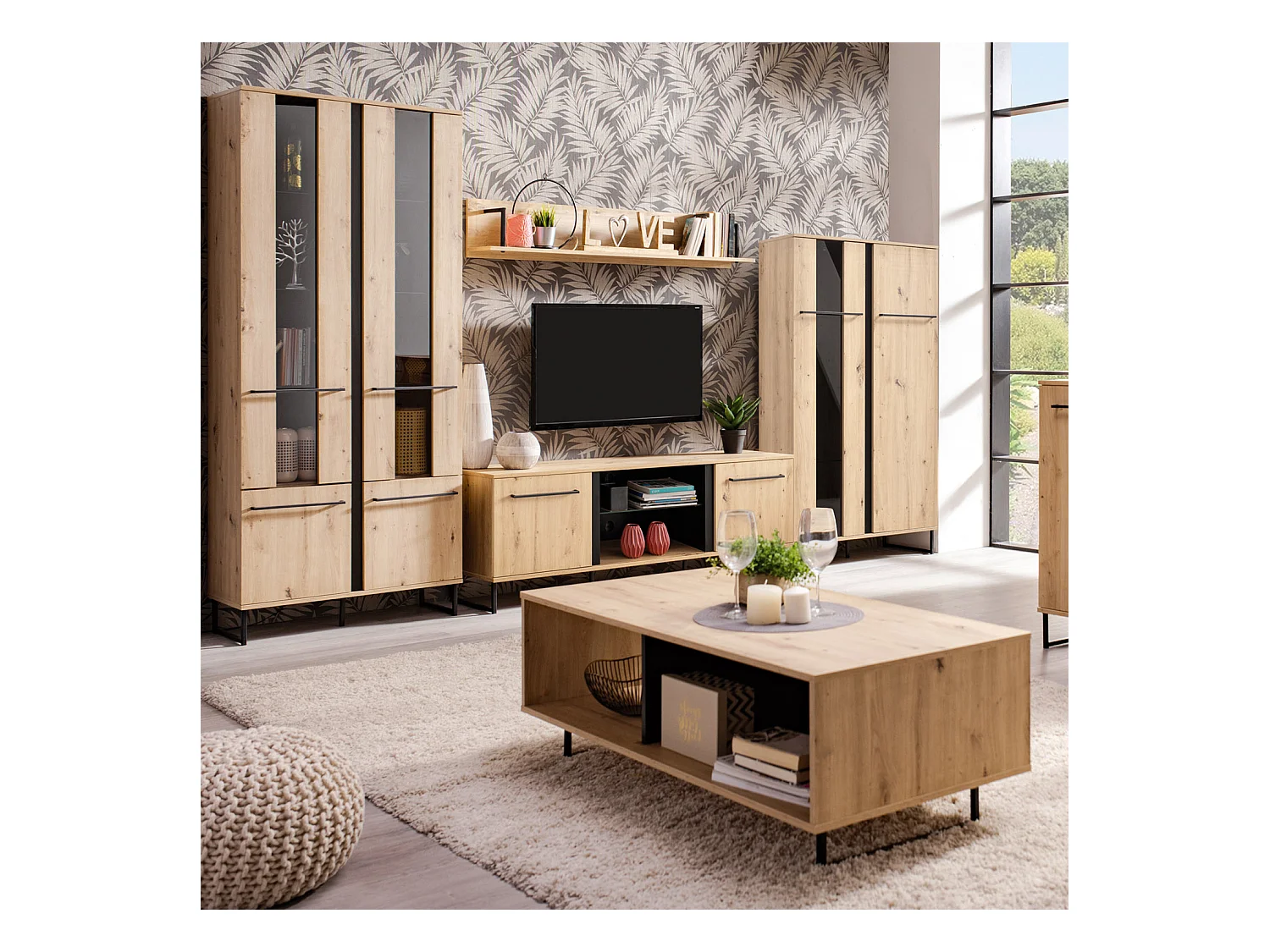 Ensemble de salon 84.5x193x35 cm, 170x54x42 cm, 137.5x24x21 cm, 84.5x153x35 cm Naturel et Noir Style Industriel