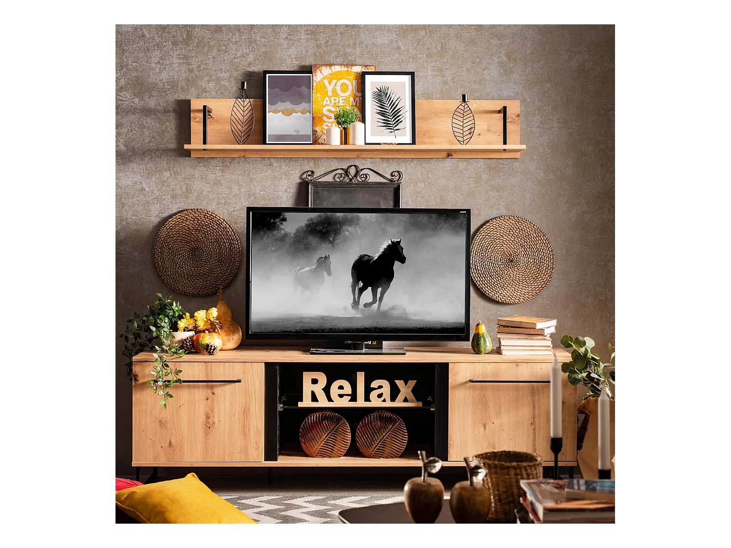 Ensemble de salon 84.5x193x35 cm, 170x54x42 cm, 137.5x24x21 cm, 84.5x153x35 cm Naturel et Noir Style Industriel