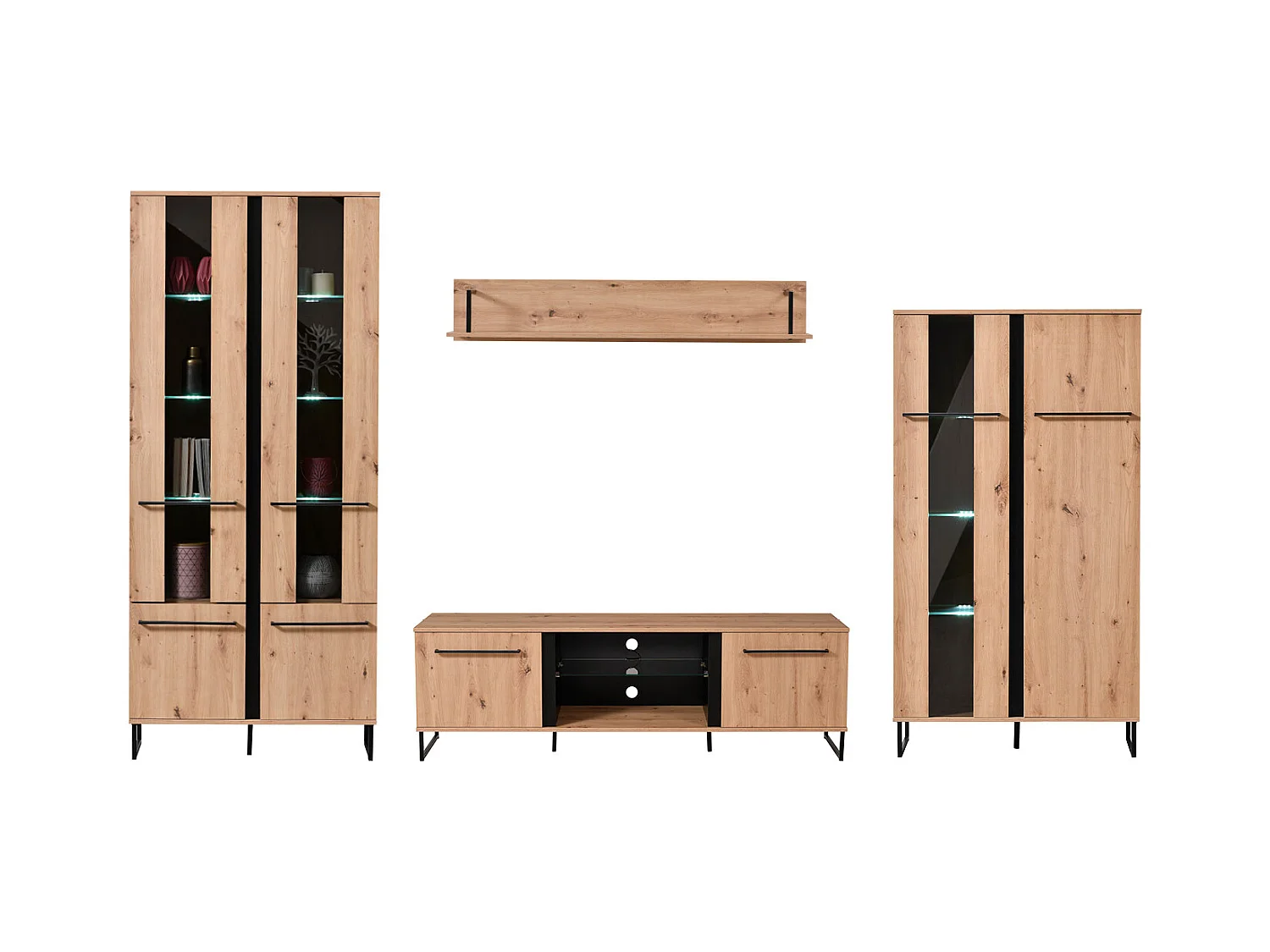 Ensemble de salon 84.5x193x35 cm, 170x54x42 cm, 137.5x24x21 cm, 84.5x153x35 cm Naturel et Noir Style Industriel