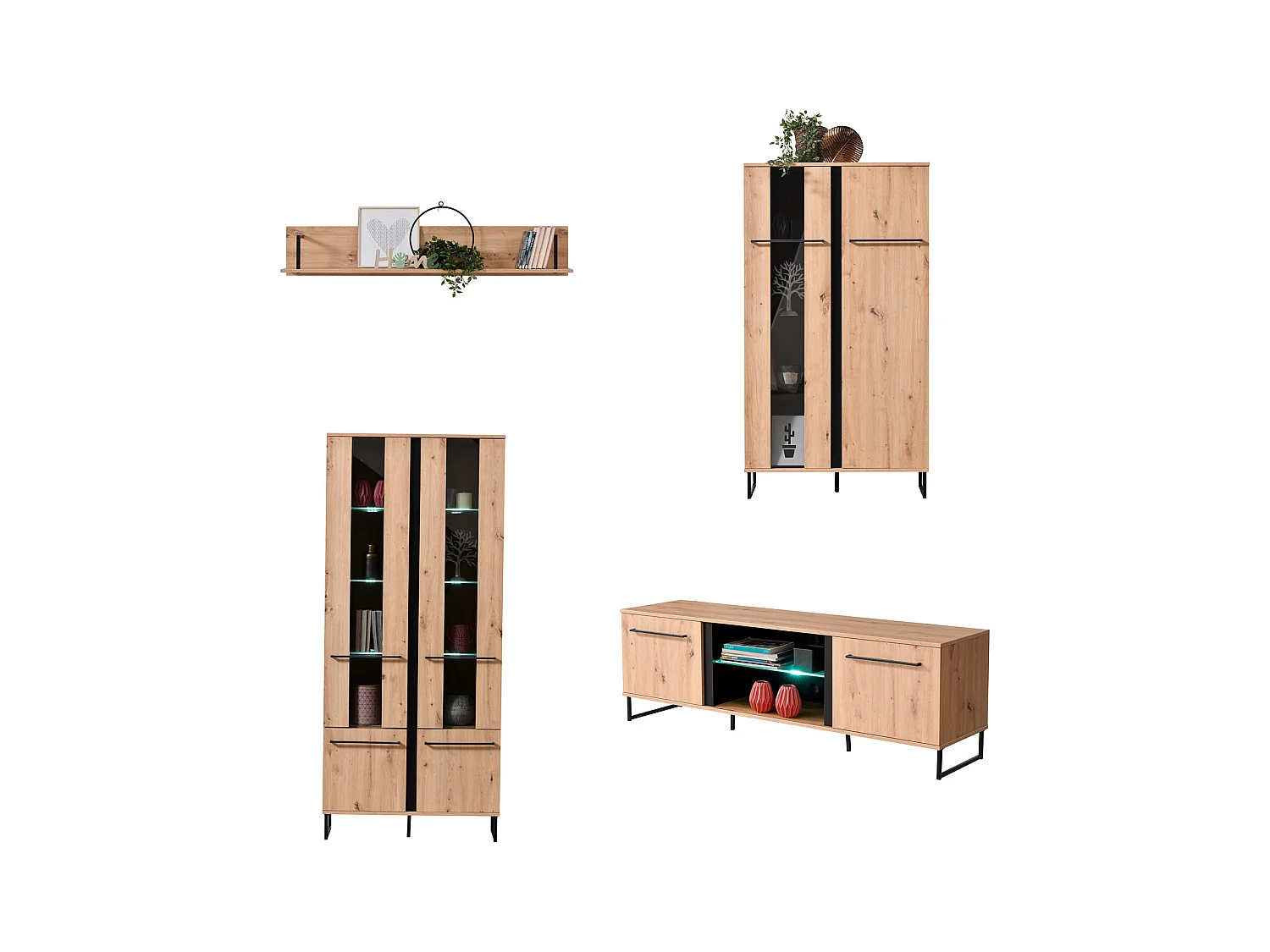 Ensemble de salon 84.5x193x35 cm, 170x54x42 cm, 137.5x24x21 cm, 84.5x153x35 cm Naturel et Noir Style Industriel