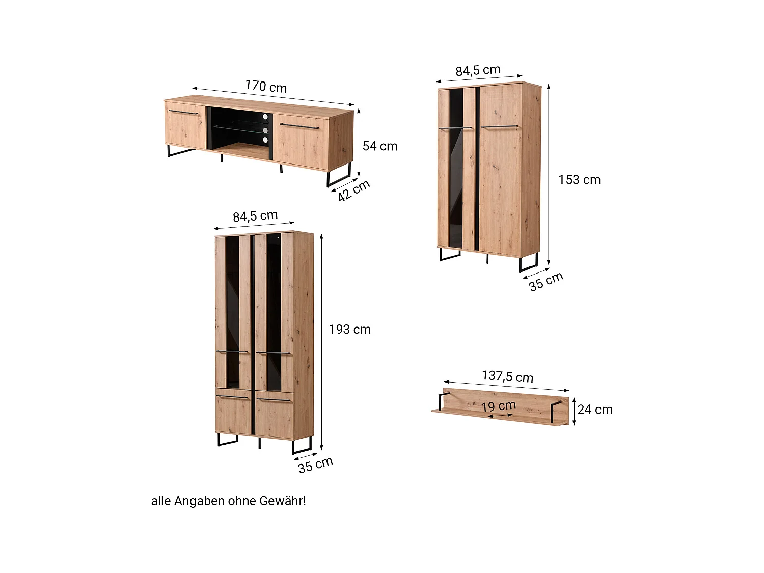 Ensemble de salon 84.5x193x35 cm, 170x54x42 cm, 137.5x24x21 cm, 84.5x153x35 cm Naturel et Noir Style Industriel