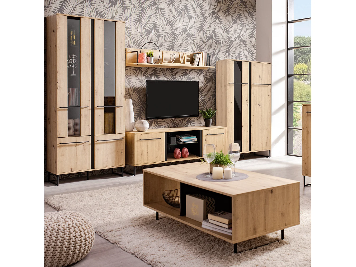 Zestaw mebli do salonu 84,5x193x35 cm, 170x54x42 cm, 137,5x24x21 cm, 84,5x153x35 cm, naturalny i czarny, styl industrialny